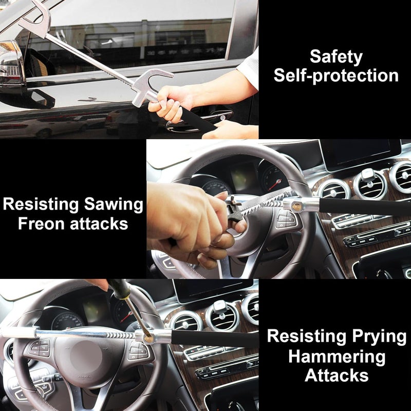 Tevlaphee Steering Wheel Lock for Cars,Wheel Lock,Vehicle Anti-Theft Lock,Adjustable Length Clamp Double Hook Universal Fit Emergency Hammer Window Breaker Self Defense Heavy Duty Secure - Image 4